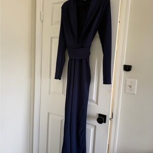 Missguided Navy Long-Sleeve Jumpsuit with Tie Waist